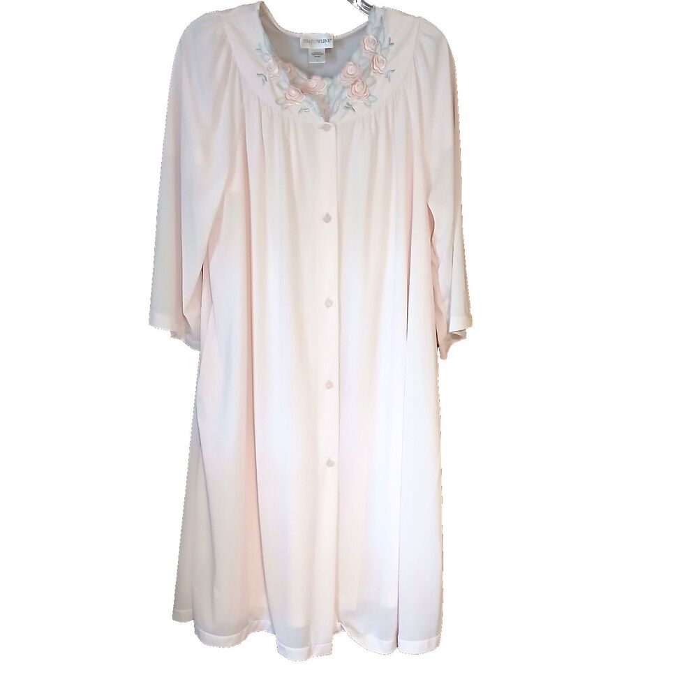 Vtg Shadowline Pink Nightgown & Robe Women’s Embroidery Trim Floral Nylon Size L